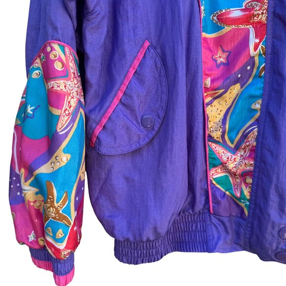 Lavon Vintage 80s Starfish Print High Collar Purple Swishy Windbreaker Jacket S - Picture 6 of 11